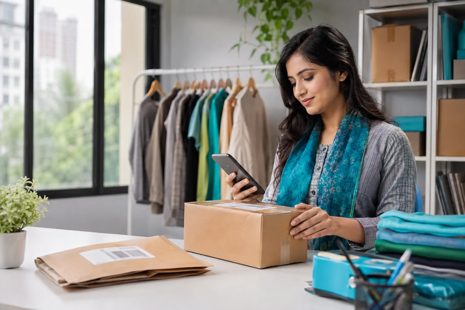 Bangladeshi online business owner preparing an order and checking her phone