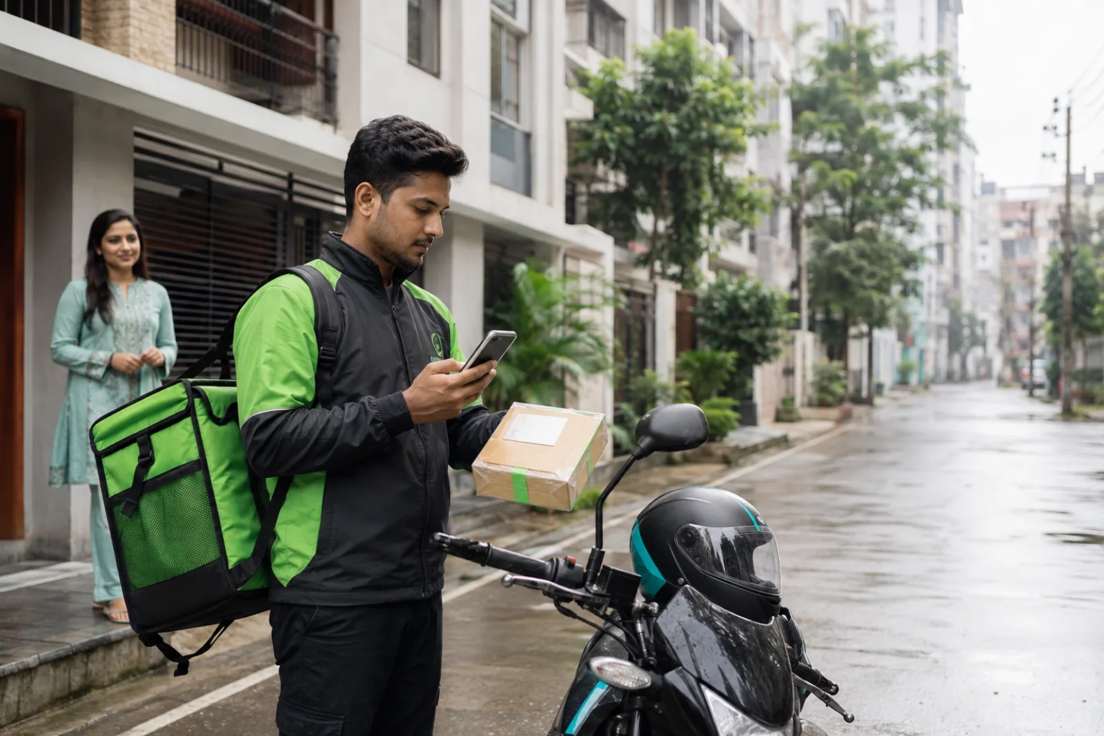 Bangladeshi courier checking a delivery update beside a parcel