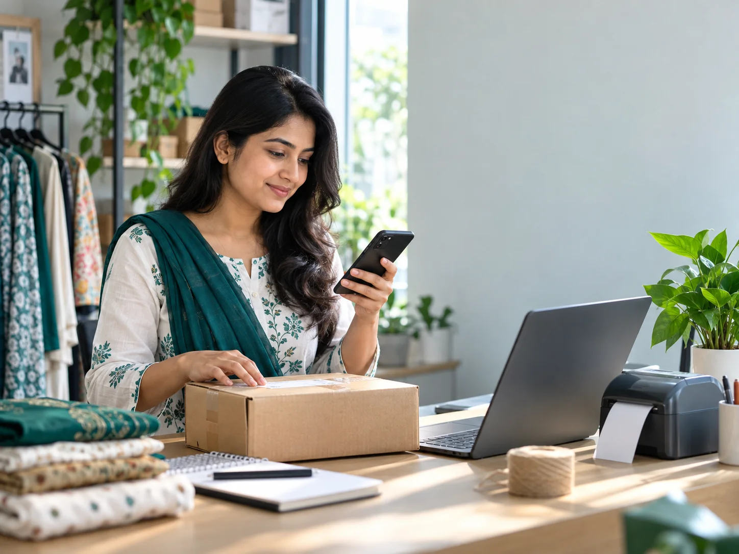 Bangladeshi online business owner checking a customer message while preparing an order