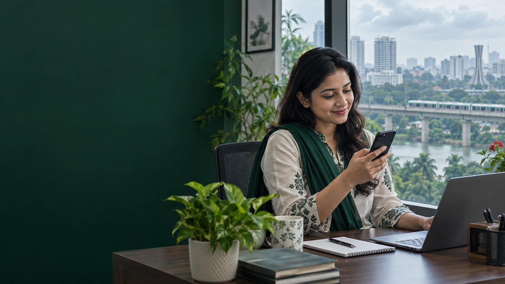 Bangladeshi female business professional checking SMS in a modern Dhaka office