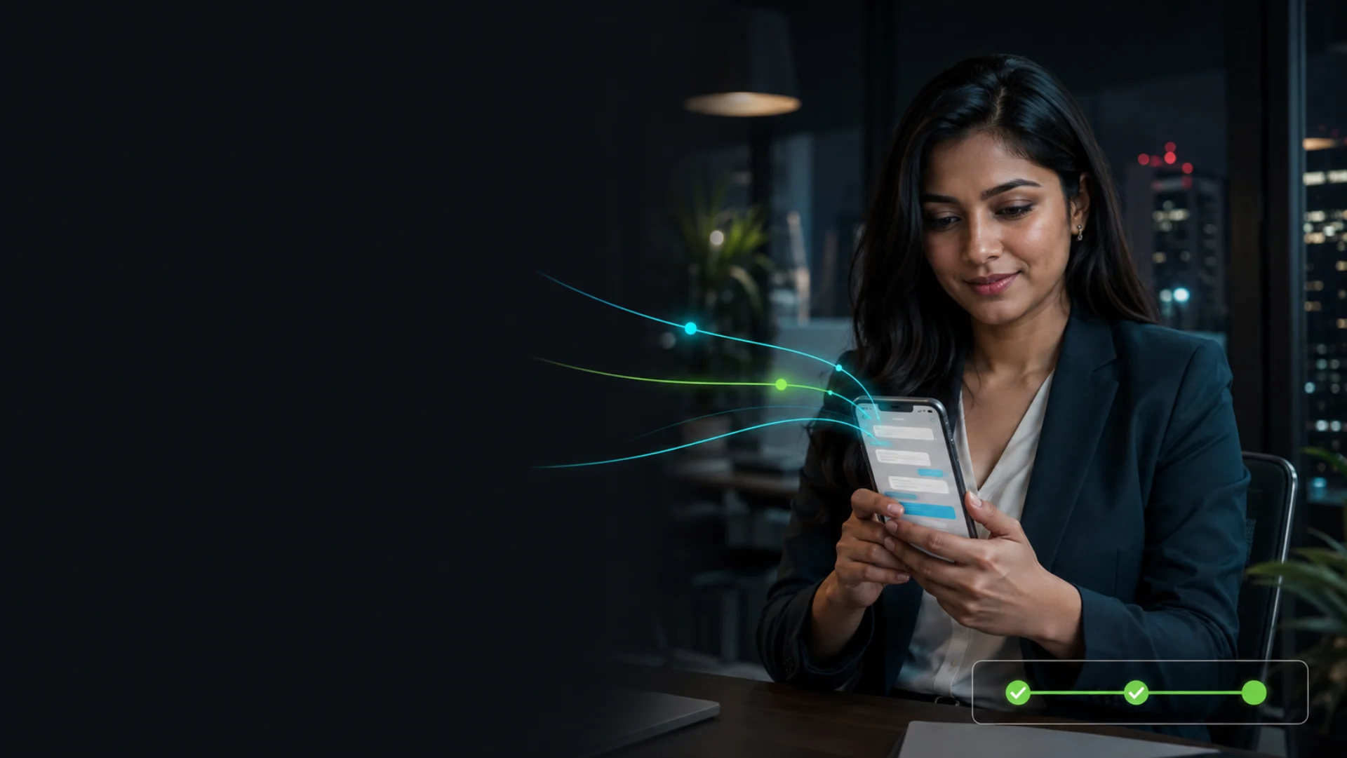 Bangladeshi female business professional reading a new SMS